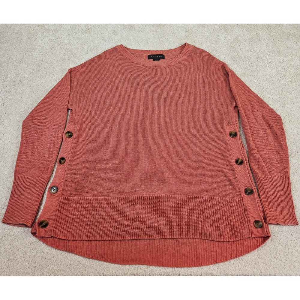 Tahari Coral Linen Cotton Blend Crew Neck Button Side Top S Breezy‎ Minimalist